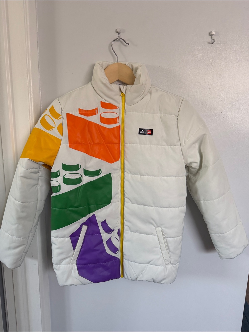 Lego x Adidas Kids Puffer Jacket White, Yellow, Orange, Green, Purple Accents